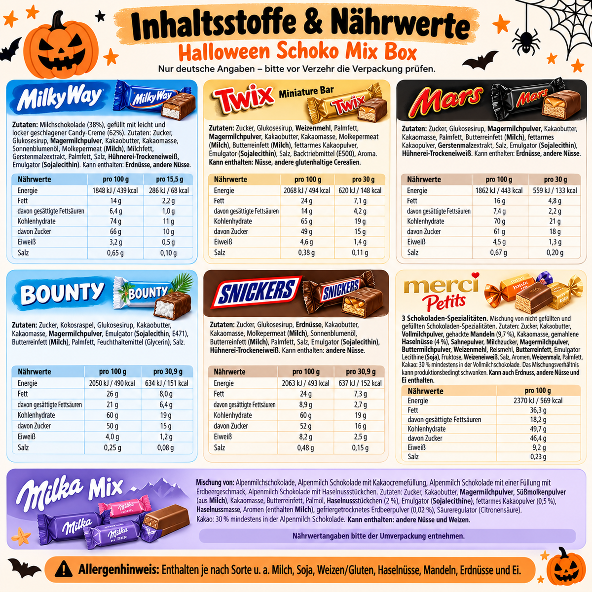 Halloween Schoko Mix Box 80 Stück – Süßigkeiten Box mit Mini Schokoriegeln, einzeln verpackte Schokolade, Süßes oder Saures, Trick or Treat, Halloween Party – Candy & Bar®