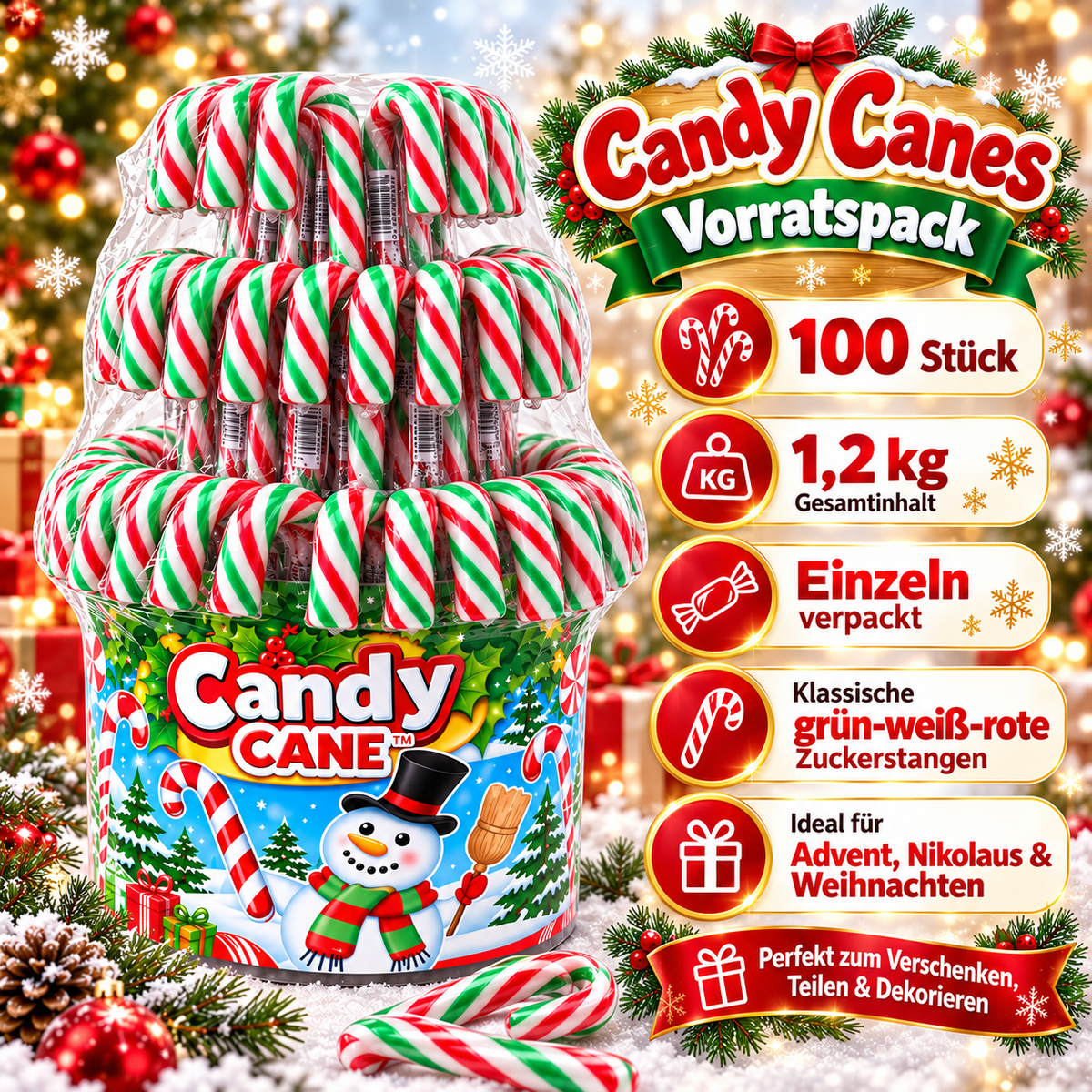 Candy Canes 100 Stück – Grün-Rote-Weiße Zuckerstangen für die Weihnachtszeit