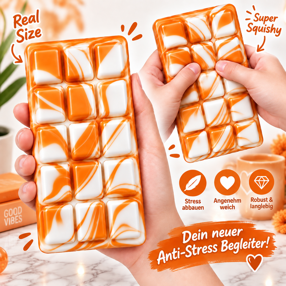 Squishy Schokoladentafel Orange-Weiß – marmoriertes Fidget Toy