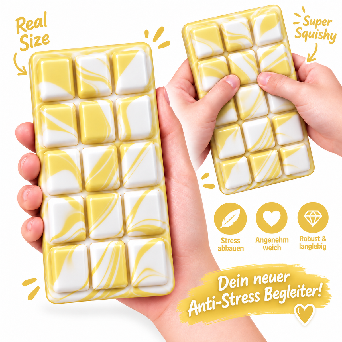 Squishy Schokoladentafel im Swirl-Design –Gelb-Weiß