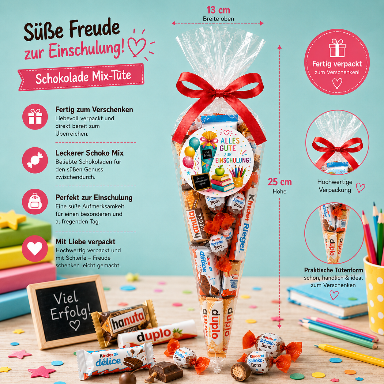Schokolade Mix Tüte zur Einschulung | Geschenk zum Schulstart | Fertig verpackte Schoko Geschenkidee | Candy & Bar