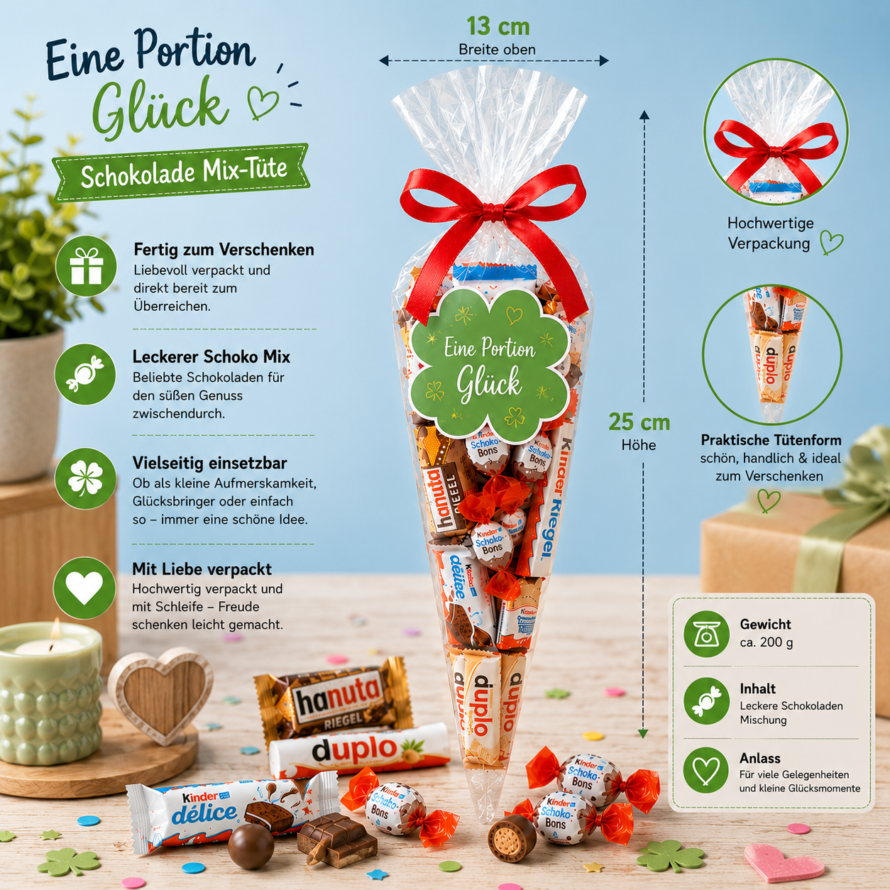 Schokolade Mix Tüte – Eine Portion Glück | Fertiges Geschenk | Candy & Bar