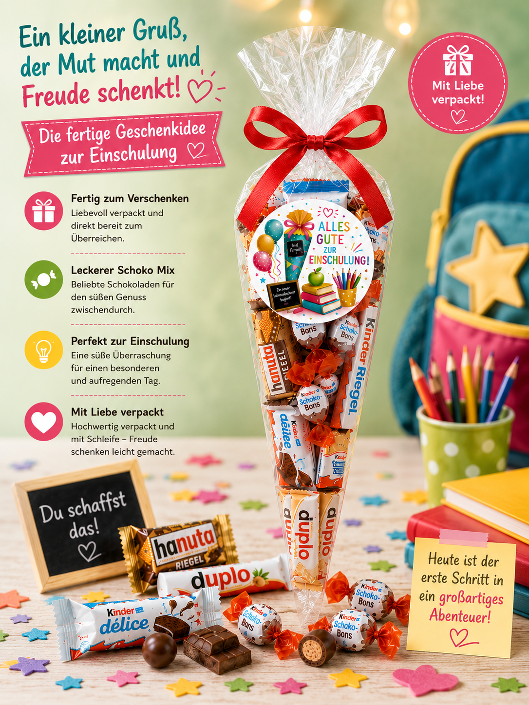 Schokolade Mix Tüte zur Einschulung | Geschenk zum Schulstart | Fertig verpackte Schoko Geschenkidee | Candy & Bar