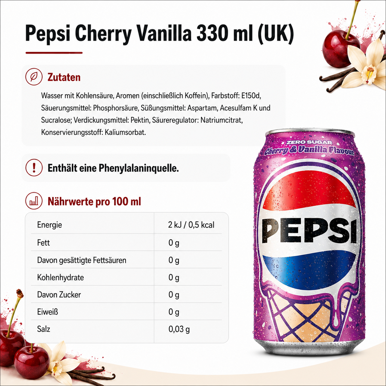 Pepsi Cherry Vanilla 330 ml – UK Edition