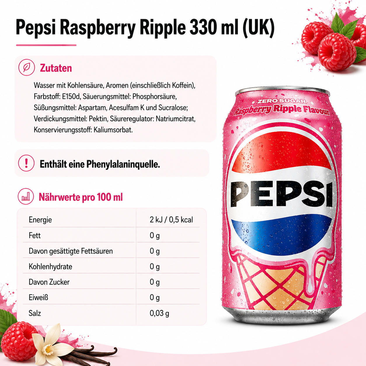 Pepsi Zero Sugar Raspberry Ripple 330 ml – UK Edition
