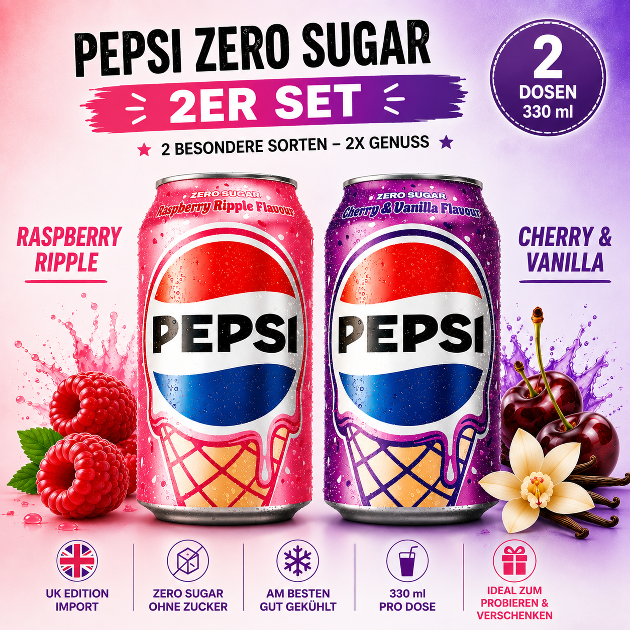 Pepsi Zero Sugar 2er Set – Raspberry Ripple & Cherry Vanilla 2 × 330 ml