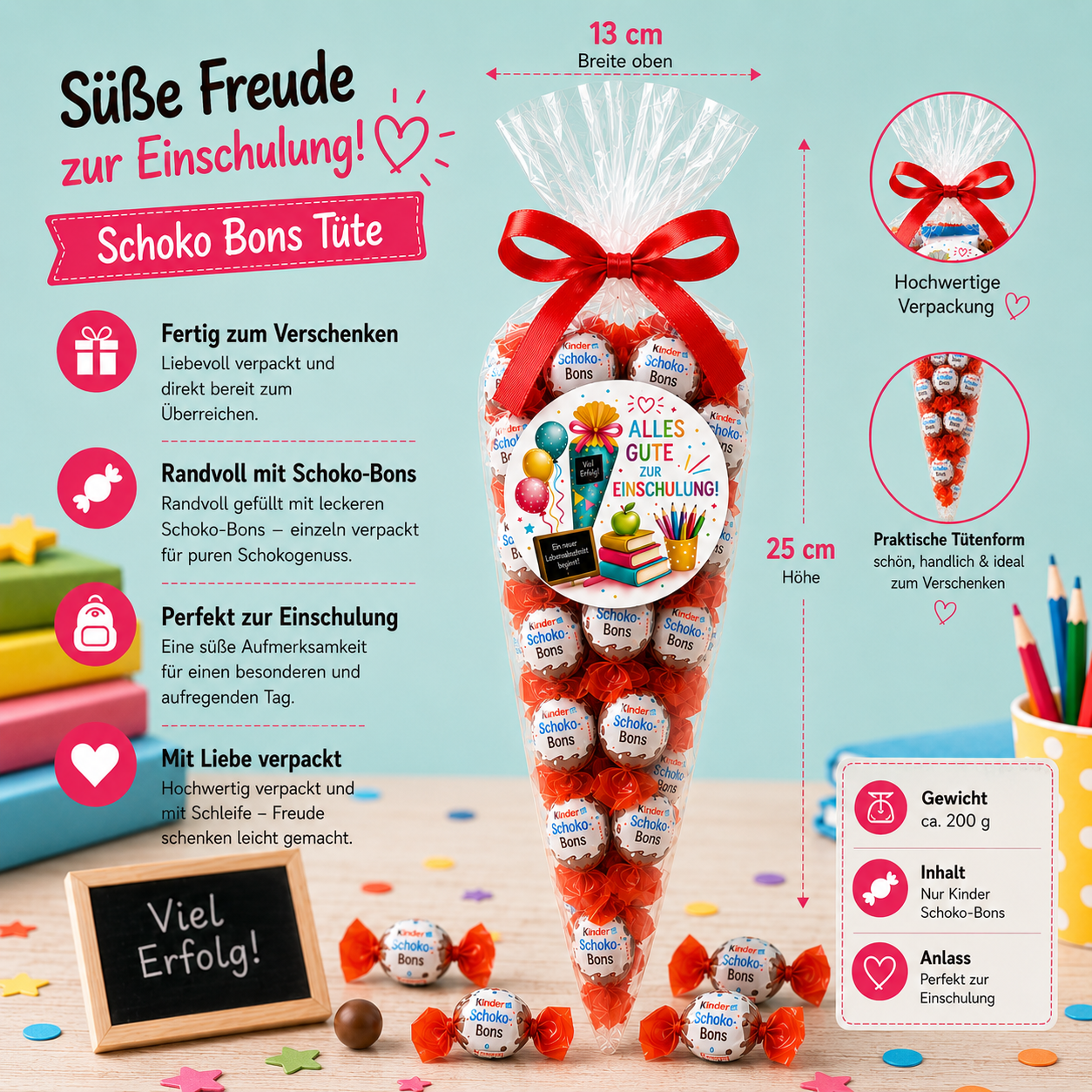 Schoko-Bons-Tüte zur Einschulung – 200 g Geschenkidee