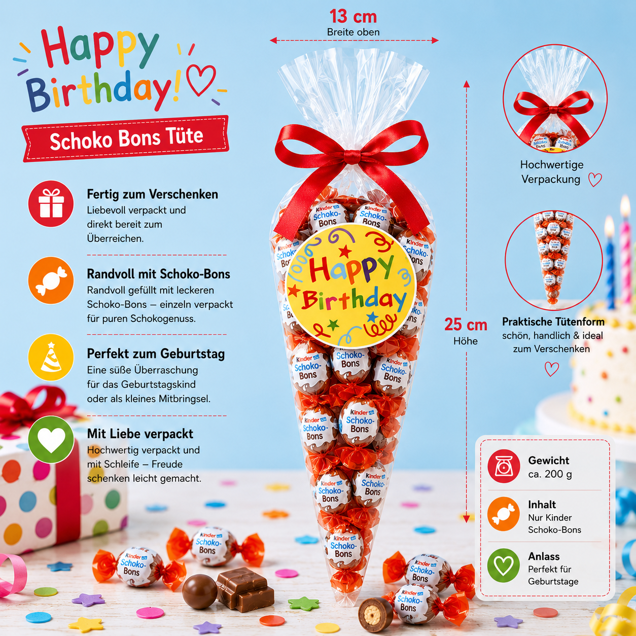 Happy-Birthday-Schoko-Bons-Tüte – 200 g Geschenkidee