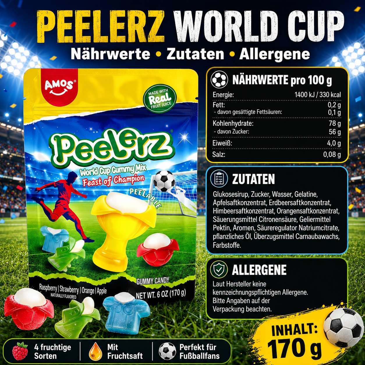 AMOS Peelerz World Cup Gummy Mix 170 g – abziehbare Fruchtgummis in Fußballform
