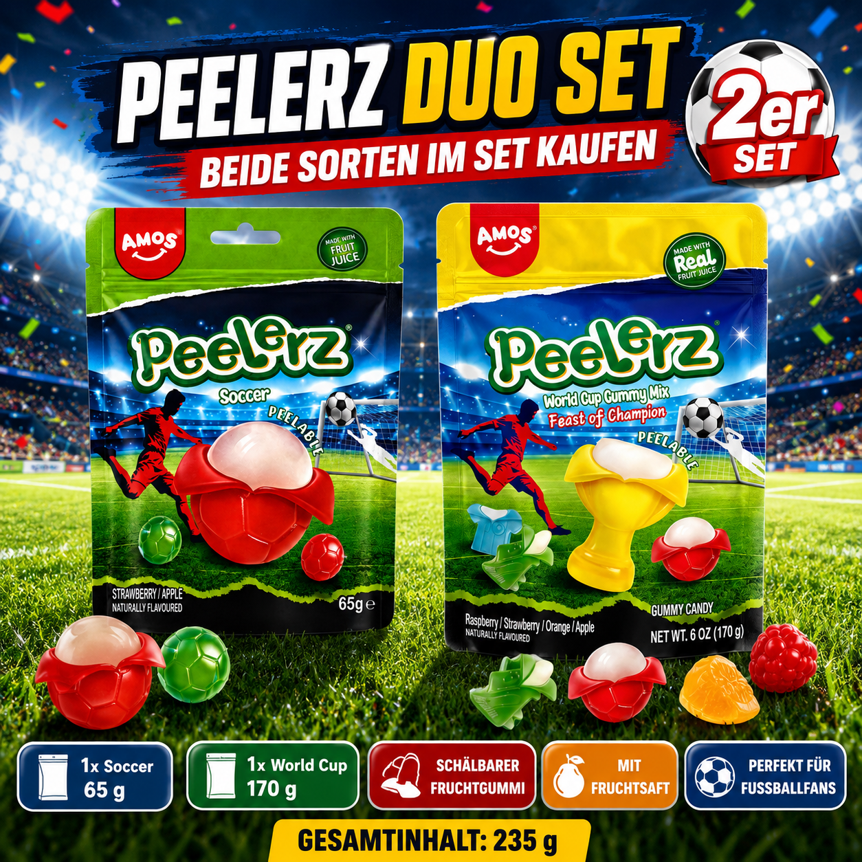 AMOS Peelerz Fußball Fruchtgummi Set 235 g – Soccer 65 g und World Cup Gummy Mix 170 g