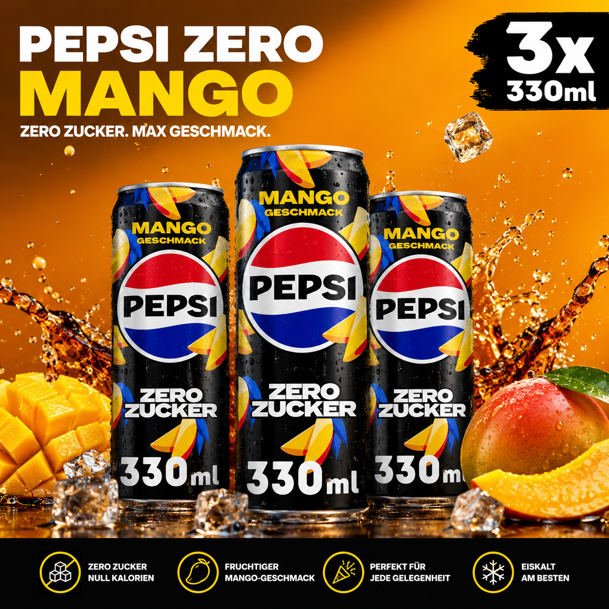 Pepsi Zero Mango 3er Set – 3 × 330 ml Cola mit Mango-Geschmack