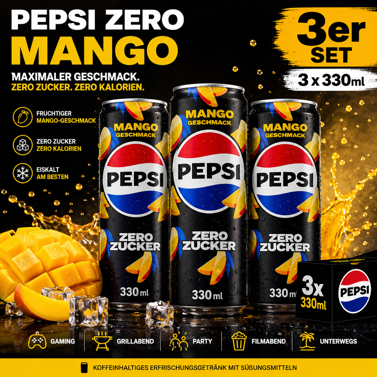 Pepsi Zero Mango 3er Set – 3 × 330 ml Cola mit Mango-Geschmack