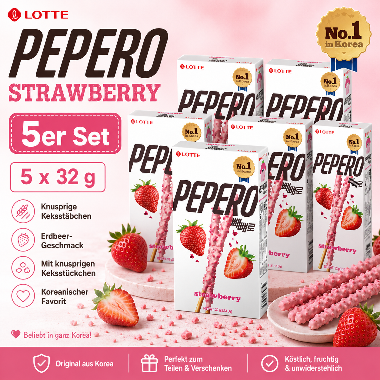 Lotte Pepero Strawberry 5er Set – 5 × 32 g Erdbeer-Keksstäbchen aus Korea
