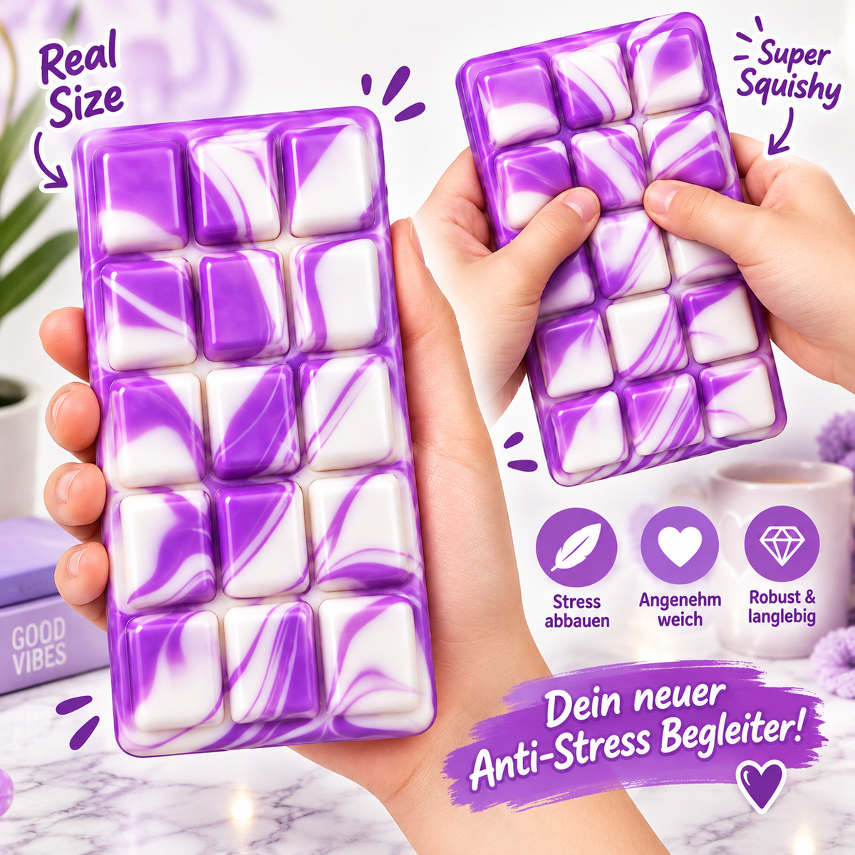 Squishy Schokoladentafel im Swirl-Design –Lila-Weiß
