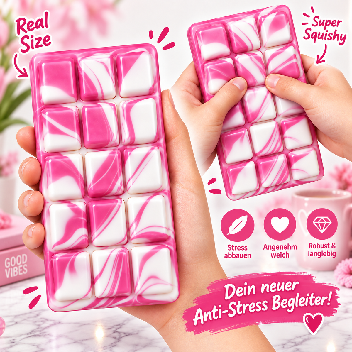 Squishy Schokoladentafel im Swirl-Design –Pink-Weiß