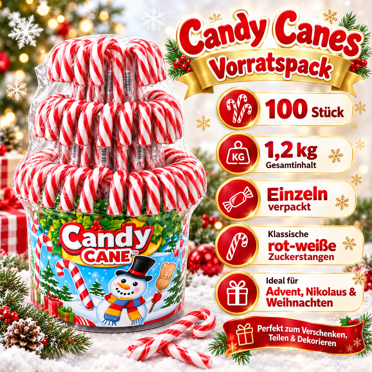 Candy Canes 100 Stück – Rot-Weiße Zuckerstangen für die Weihnachtszeit