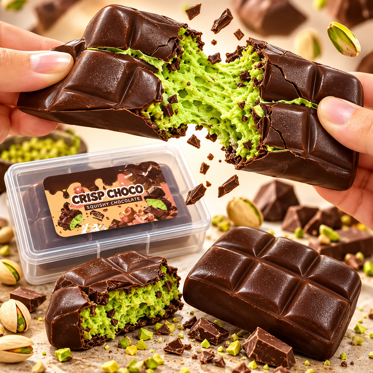 Crisp Choco Dubai Chocolate Squishy – Schokoladen Squishy mit Pistazienfüllung