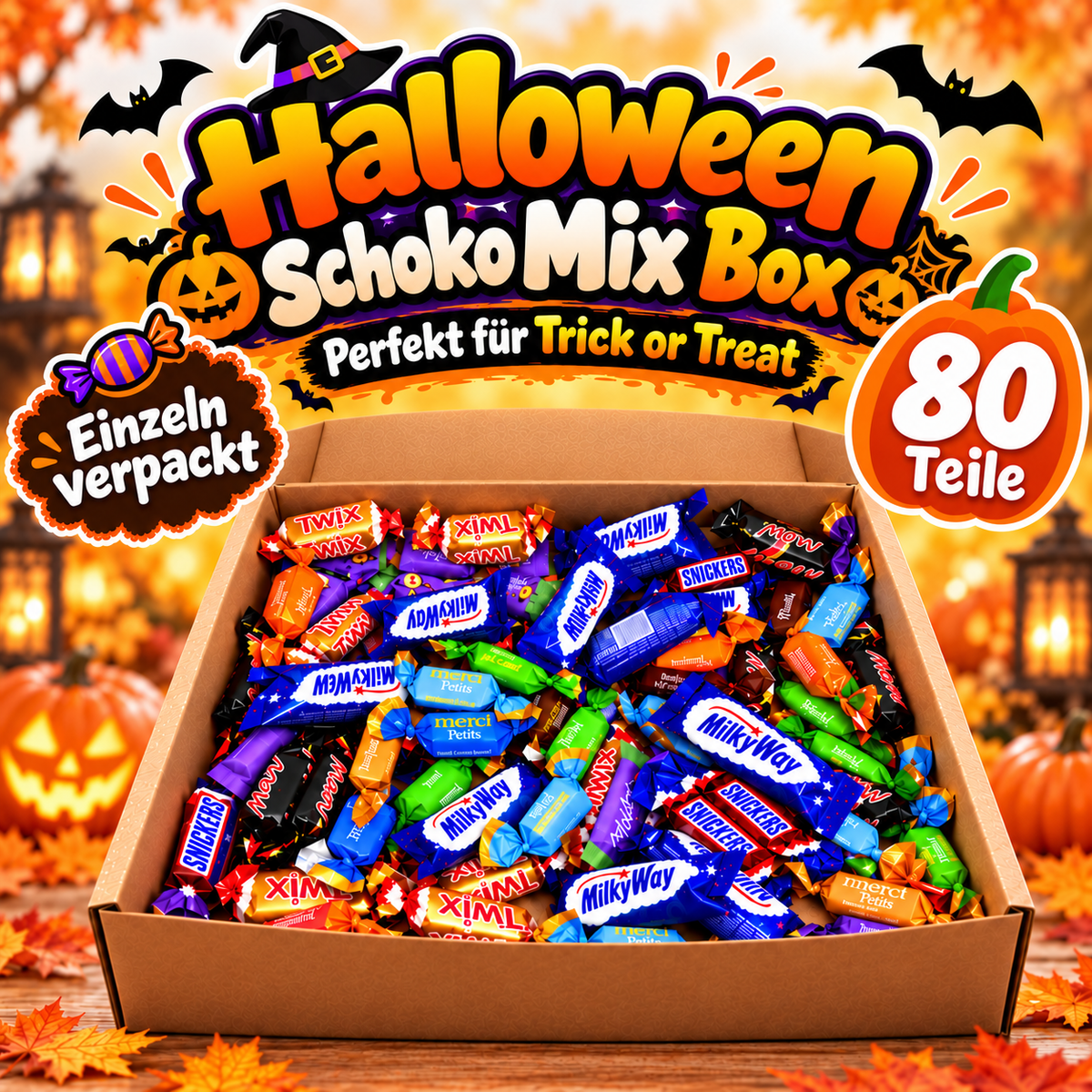 Halloween Schoko Mix Box 80 Stück – Süßigkeiten Box mit Mini Schokoriegeln, einzeln verpackte Schokolade, Süßes oder Saures, Trick or Treat, Halloween Party – Candy & Bar®